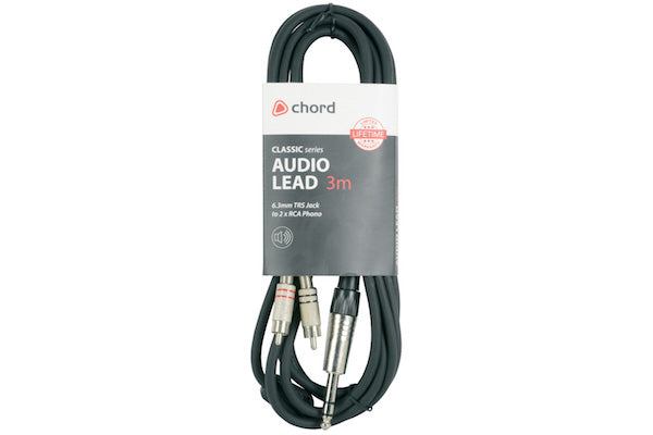 Audio Lead 6.3mm TRS Jack Plug - 2 x RCA Plugs - 3 metre