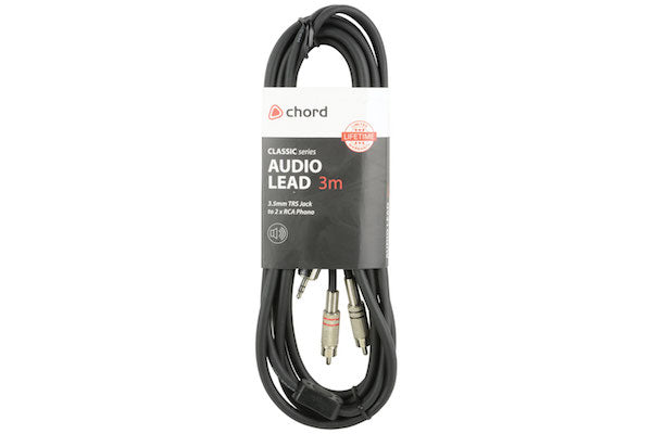 Audio Lead 3.5mm TRS Jack Plug - 2 x RCA Plugs - 3 metre